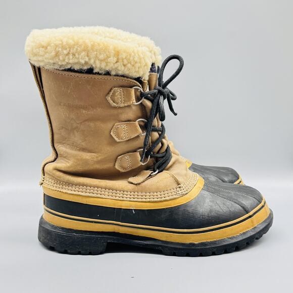 Sorel Boots Men 11 Black Brown Leather Caribou Waterproof Lined Snow 90s Vintage - Picture 1 of 8